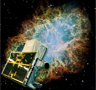 Il telescopio italiano Fermi con, sullo sfondo, la Nebulosa del Granchio. Immagine: cortesia di ASI, INAF e NASA 