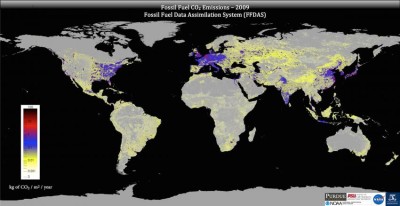  L’ immagine mostra le emissioni di CO2 secondo il sistema ‘Fossil Fuel Data Assimilation System’  (crediti: Gumey lab)