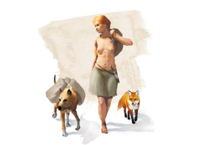 Raffigurazione di una donna dell'Età del Bronzo in compagnia dei suoi animali, un cane ed una volpe (crediti: J.A.Penas)